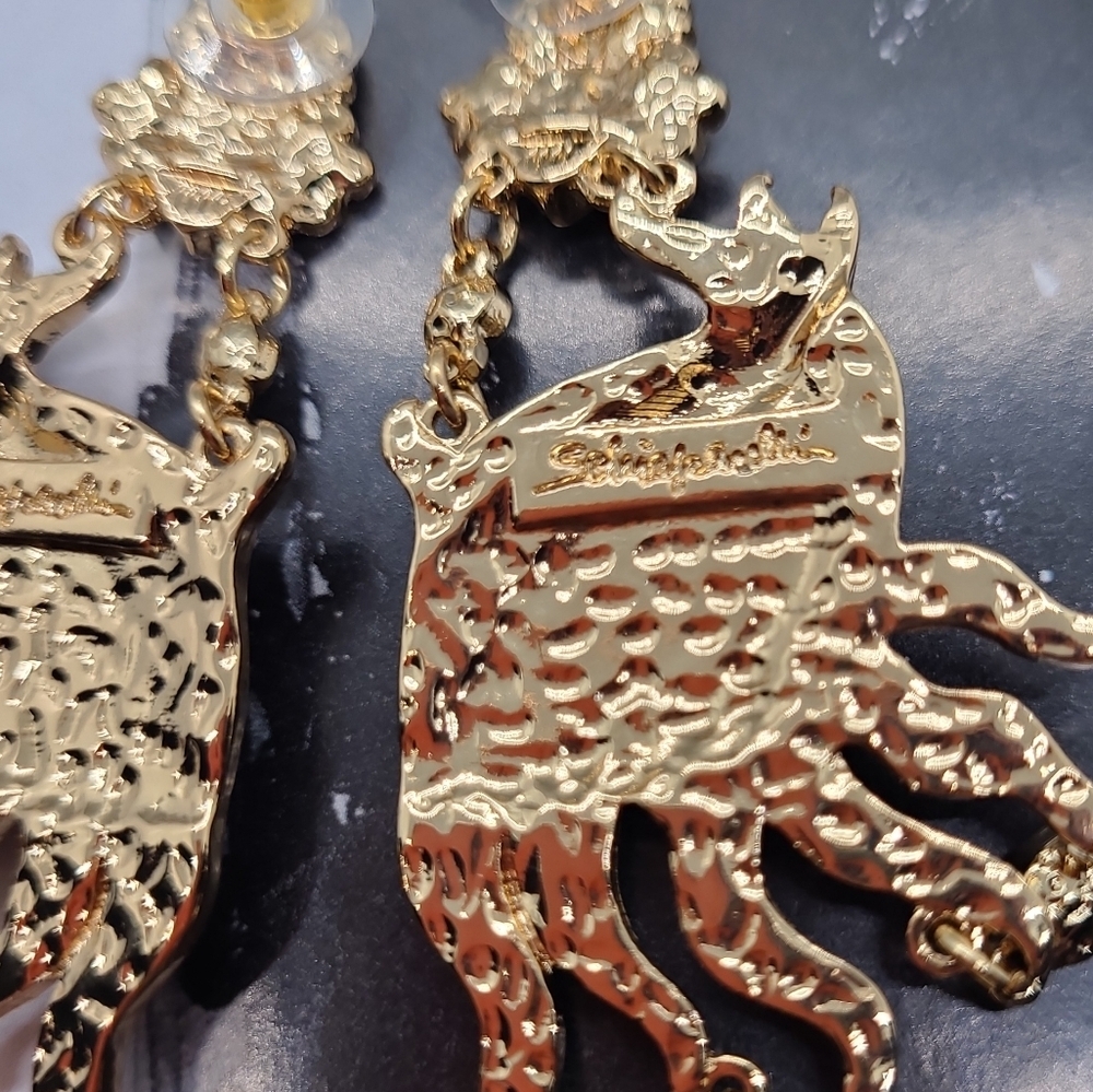 Signed Schiaparelli Teardrop Curtain Peculiar Eye Crystal Gold Earrings - Picture 12 of 14